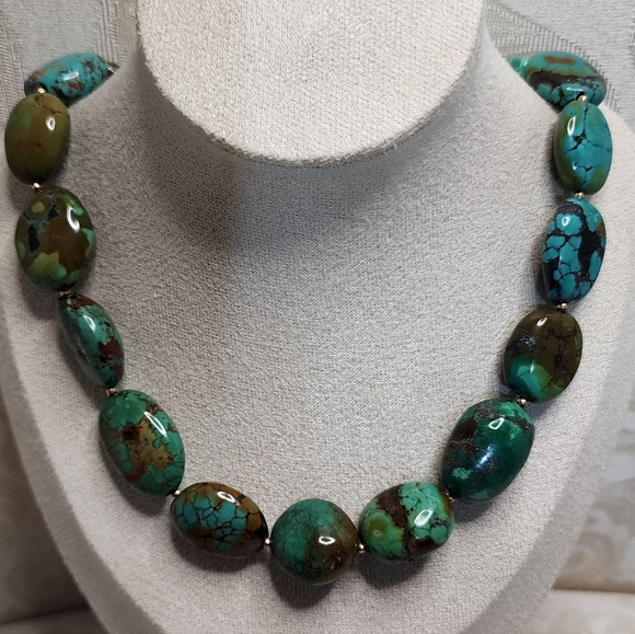 Vintage Jewelry - ARTISAN HEAVY TURQUOISE BRONZE NUGGET NECKLACE VINTAGE 80S GEMSTONE